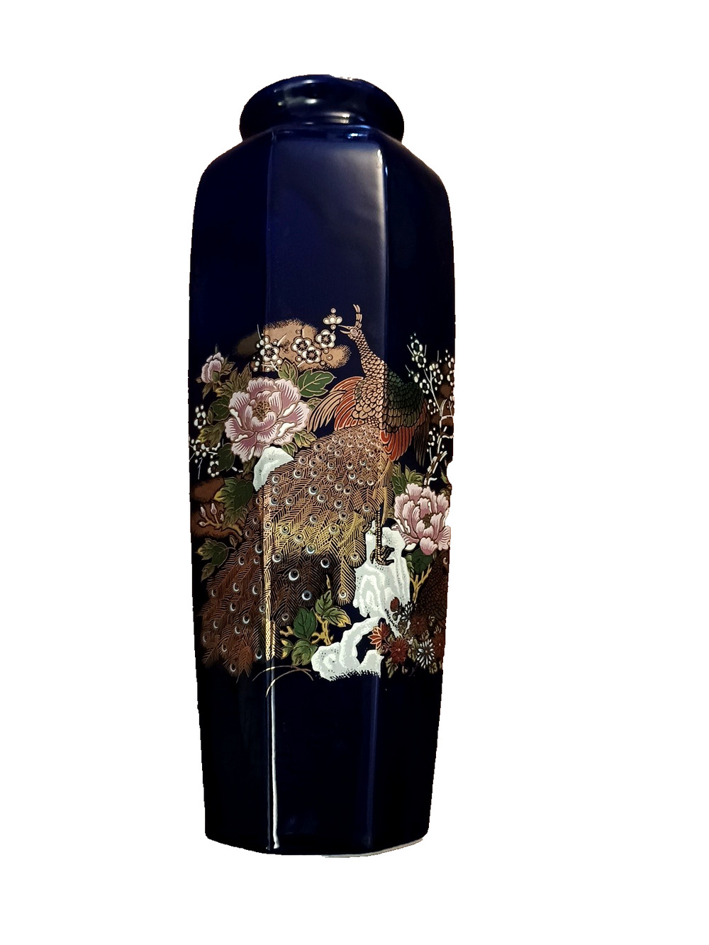 Vtg Kyoto IMPERIAL Peacock Flowers Japanese Octagon 11" T Porcelain Blue Vase